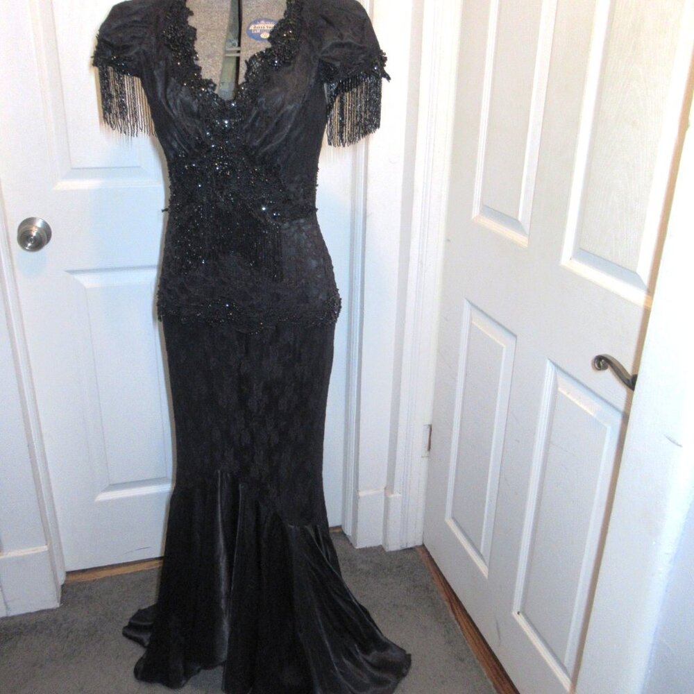 Lorrie Kabala Vintage 1980s Black Lace Bead & Sequin Encrusted Mermaid Gown 10